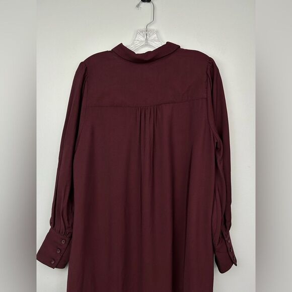 Loft Pleated Waist Midi Dress NO TIE Deep Burgundy Long Sleeve Button Front 12P - Picture 15 of 16